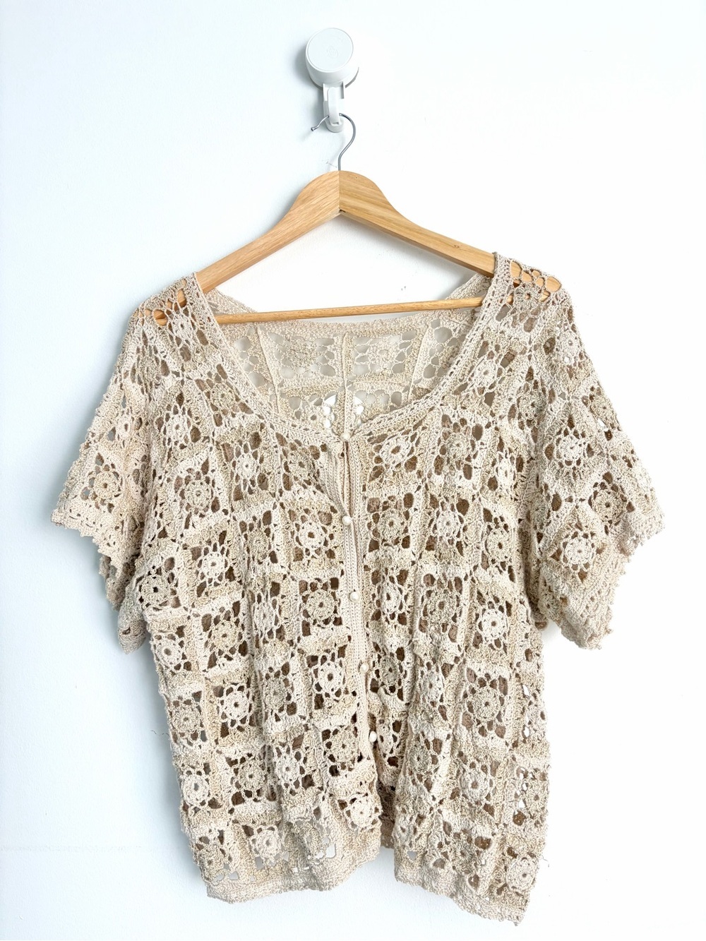 Vintage Hand Crocheted Pearl Button Cardigan - Cottagecore - Size M